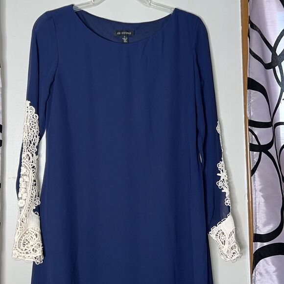 Jodi Kristopher dark blue shift dress with semi sheer lace sleeves size small - Picture 6 of 14